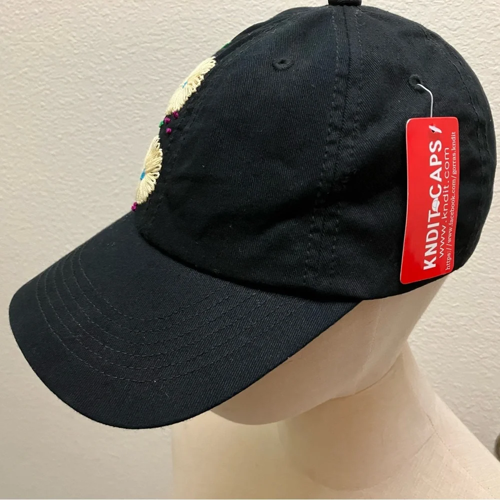 Floral Hand Embroidered Black Cap Adjustable Summer Handmade Boho Hippie Fashion